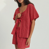 Bomve-y2k Coquette Pajamas Set Women 2 Piece Tie Front Plaid Gingham Short Sleeve Blouse Top Preppy Sleep Loungewear Shorts Outfits