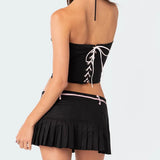 Bomve Y2K Outfits Sweet Cute Bow Strapless Tube Crop Tops Bandeau+Pleated Mini Skirt Fairycore Aesthetic 2 Pcs Set Streetwear