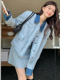 Bomve-2-Piece Set for Women Half Skirts Sets Turn Down Collar Patchwork Coat Mini Skirt Fashion Female Denim Suit Autumn Winter New