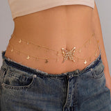 Bomve Boho Sexy Hollow Butterfly Waist Belly Belt Chain for Women Summer Bikini Crystal Tassel Pendant Link Body Jewelry Gift