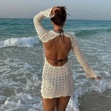 Bomve Vintage Crochet Flower Hollow Out Dress Cover-Ups Chic Women Sexy Knit Backless Tie-up Mini Dress Summer Beach Holiday