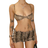 Bomve Sexy Y2K Leopard Shorts 2 Piece Set Women Sheer Chiffon Agaric Laces Bra Ruched Cake Slim Suit Summer 2024 Beachwear