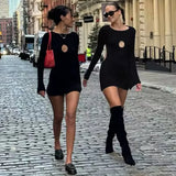 Bomve Fashionable Backless Hollow Mini Dress Women's Sexy Slim Pullover Long Sleeve Dress Black High Waist Party Club Dress