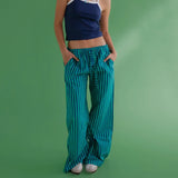 Bomve Women's Y2K Vintage Summer Baggy Long Pants Drawstring Elastic Low Waist Wide Leg Striped Trousers with Pockets