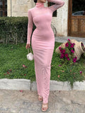 Bomve-Sexy Mesh Party Maxi Dress Women Set 2 Piece Solid Autumn Long Sleeves Bodycon Turtleneck Dress Sheer Fashion Club Elegant Dress