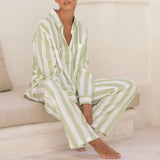 Bomve Women Striped Pajamas Set Long Sleeve Shirt Top Elastic Wide Loose Pants Y2k 2 Piece Casual Lounge Sleepwear Nightwear