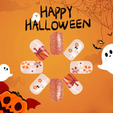 Bomve-Helloween sminken 24Pcs Orange Pumpkin Press on Nails Set Glossy Short Ghost with Flower Cute Halloween Fake Nails for Women&girls Halloween Wear