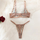 Bomve- Poker Geometric Embroidery Lingerie Set Women Contrast Vintage Bra + Brief Underwear Set Sexy Intimates