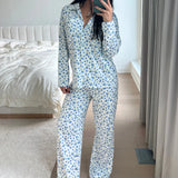 Bomve Floral Pajamas for Women Set Long Sleeve Button Down Shirt and Wide Leg Pants Y2K Fruit Print Lounge Set Sleepwear