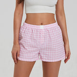 Bomve-Women Loungewear Boxer Shorts y2k Aesthetic Plaid Gingham Pajamas Shorts Elastic Waist Baggy Checkered Shorts Bottoms Streetwear