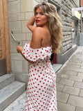 Bomve-2024 Polka Dot Ruffles Bandage Maxi Dress Women Off Shoulder Slim Elegant Party Dress Summer Beach Holiday Sundresses