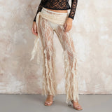 Bomve Summer Fashion Club See Through Floral Sheer Lace Pants for Women Clothes Chic High Waist Wide Leg Pants Beachwear