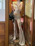 Bomve Solid Color Flare Pants Leisure Suit Women Crop Tank Top Turtleneck Fold Over Trousers Slim Outfit Spicy Girl Streetwear