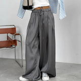 Bomve Women Solid Pleated Wide Leg Pants Casual Elastic Waist Loose Baggy Trousers Office Wear Street Elegant Sweatpants