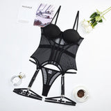 Bomve- 2-Piece Mesh Lingerie Set Spaghetti Strap Patchwork Classic Black Erotic Set Padded Breif Set Nightwear