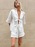 Bomve Fashion White Cotton Linen Hollow Out Lace Up Top And Short Pants Suit Women's Loose Top Casual Splice Sets Lady Summer