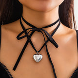 140CM Long Rope Chain With Tiny Love Heart Pendant Necklace for Women Goth Adjustable Bowknot Korean Velvet Choker Y2K Jewelry