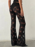 Bomve-Sexy All-match Lace See-through High Waist Pant Women Long Casual Y2K Straight Trouser Female See Through Flare Pants