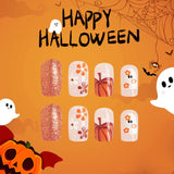 Bomve-Helloween sminken 24Pcs Orange Pumpkin Press on Nails Set Glossy Short Ghost with Flower Cute Halloween Fake Nails for Women&girls Halloween Wear