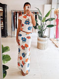 Bomve Women Summer Skirts Outfits Flower Print Short Sleeve Backless T-Shirts Tops Slit Long Skirt 2 Pieces Clothes Set