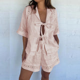 Bomve-Elegant Lace Casual Solid Two Piece Outfits Shorts Sets Lace Up Hollow Half Sleeve Hollow Shirts+Loose Shorts Matching Suits