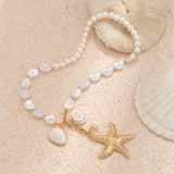 Bomve Boho Punk Big Starfish Conch Pendant Necklace for Women Wed Bride Creative Imitation Pearl Chain Jewelry Accessories