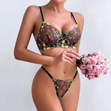 Bomve- 2-Piece Lace Bra Set Women Floral Embroidery Underwear Set Transparent Khaki Panty Set