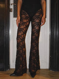 Bomve-Sexy All-match Lace See-through High Waist Pant Women Long Casual Y2K Straight Trouser Female See Through Flare Pants