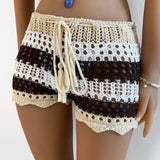 Bomve Women Crochet Hollow-Out Sarongs Contrast Stripe See-Through Knit Beach Shorts Summer Bikini Bottoms Cover Up