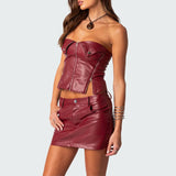 Bomve Women Y2k Leather Two Piece Mini Skirt Set Sexy Strapless Front Zipper Tube Tops Bodycon Mini Skirt Matching Outfit