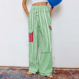 Bomve-Women Striped Patchwork Pants y2k Aesthetic Wide Leg Loungewear Pants Casual Loose High Waist Long Pants Trousers with Pockets