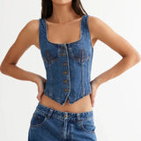 Bomve Women Y2k Button Down Denim Vest Sexy Sleeveless V Neck Slim Fit Tank Top Vintage Cropped Jean Corset Top Streetwear