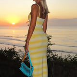 Bomve Contrast Striped Women Maxi Dress Yellow Split Spaghetti Strap Vacation Long Dresses Sexy Ladies High Street Outfits