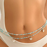 Bomve 2Pcs/Set Boho Elastic Seed Beads Waist Belly Belt Chains Women Summer Bikini Conch Aesthetic Body Jewelry Accessories