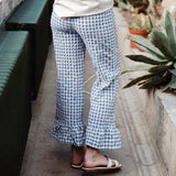 Bomve Women Ruffle Gingham Pants Cute Plaid Wide Leg Lounge Pants Casual Checkered Pajama Bottoms Ruffle Hem Trousers