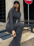 WeiYao Zipper Sexy Body-Shaping Women Clothing Half Turtleneck Bodycon Jumpsuit Long Sleeves Bell-Bottomed Pants Street Clubwear