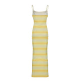 Bomve Contrast Striped Women Maxi Dress Yellow Split Spaghetti Strap Vacation Long Dresses Sexy Ladies High Street Outfits