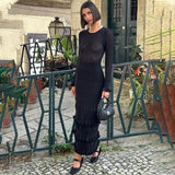 Bomve Knitted Striped Ruffle Long Dress Women's Fashion Luxury Party Dress Elegant See-through Color Block Knitted Long Dress