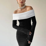 Bomve Elegant Backless Patchwork Long Dress Women's Fashion Long Sleeve High Waist Party Dress Strapless Slim Sexy Long Dress