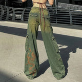 Bomve-Grunge Fairycore Cargo Pants Denim Y2K Aesthetic Chic Dragon Embroidery Women Jeans Baggy Distressed Chic Trousers