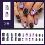 Bomve-Helloween sminken 24pcs Purple Halloween Nail Art Set-Short Square Press-On Nails with Ghost Bat Spider Web Designs Fake Nails for Women and Girls