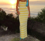 Bomve Contrast Striped Women Maxi Dress Yellow Split Spaghetti Strap Vacation Long Dresses Sexy Ladies High Street Outfits