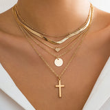 5Pcs/Set Vintage Cross Jesus Coin Love Heart Pendant Necklace for Women Multilayer Flat Snake Beads Chain Christian Jewelry Gift