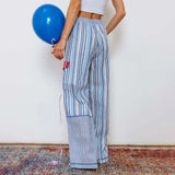 Bomve-Women Striped Patchwork Pants y2k Aesthetic Wide Leg Loungewear Pants Casual Loose High Waist Long Pants Trousers with Pockets