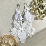 Bomve Summer New White Body Suit One Piece Swimsuit Bikini For Women Sexy Deep V-Neck Backless Lace Patchwork Bodycon Outfits