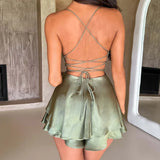 Bomve Elegant Satin Backless Tie Up Mini Dress Chic Women Club Party Night Ruffles Layered A-line Dress Vintage Streetwear