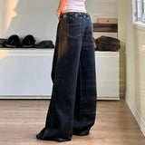 Bomve Fashion Design Belt Wide Leg Jeans Punk Grunge Low Waist Denim Trousers Streetwear Hip Hop Gothic Baggy Pants Y2K