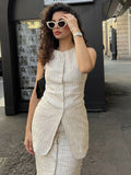 BOMVE Striped Skirt Set Linen Sets for Women 2 Pieces O-Neck Vest + Straight Skirts Summer Lady Outfits Elegant Suit New In