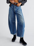 Bomve Women's Vintage Grunge Wide Leg Jeans High Waist Tasseled Trim Loose Denim Long Trousers with Pockets Streetwear