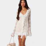 Bomve Women Sexy See Through Lace Mini Dress Low Cut Long Sleeve Bodycon Short Dress Y2K Fairy Grunge Party Club Dress